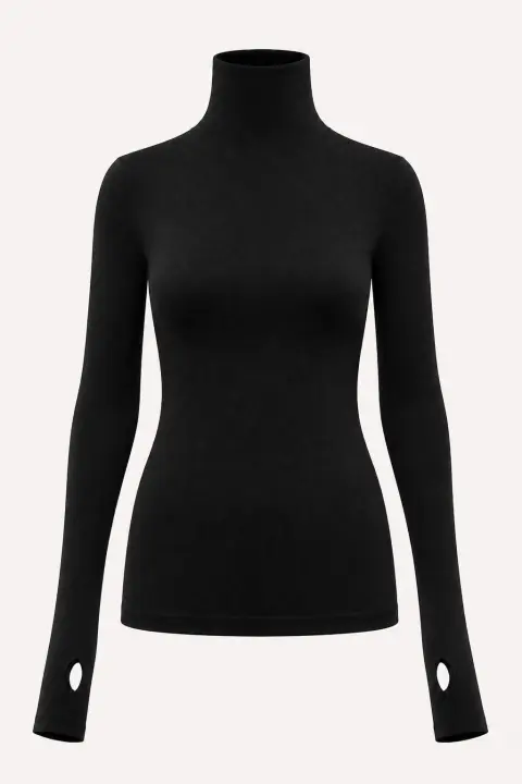 Thumbhole Sleeve Integral Turtleneck Bodysuit